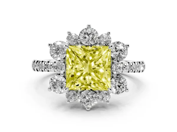 Fancy Yellow Princess Cut Diamond Floral Halo Ring with Round Pavé Band and Prong Setting White gold