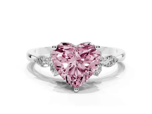 Fancy Pink Heart Cut Brilliant Diamond Solitaire Ring with Pear Side Stones and Four-Prong Setting Platinum