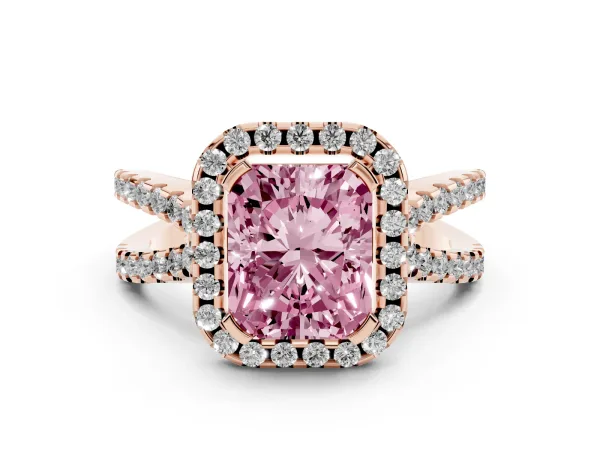 Fancy Pink Radiant Cut Diamond Halo Ring with Split Shank Pavé Band and Prong Setting Rose gold