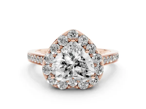 Heart Cut Diamond Floral Halo Ring with Pavé Band and Prong Setting Rose gold