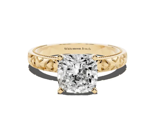 Cushion Cut Solitaire Diamond Engagement Ring with XO Engraved Band and Four-Prong Setting Yellow gold