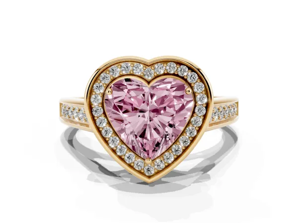 Fancy Pink Heart Cut Halo Solitaire Diamond Ring with Pave Band and Bezel Setting Yellow gold