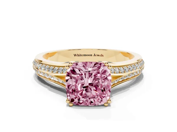 Fancy Pink Cushion Cut Diamond Split Shank Engagement Ring with Pavé Band Yellow gold