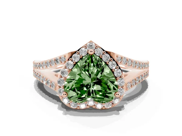 Fancy Green Heart Cut Halo Split Shank Diamond Ring with Prong Setting Rose gold