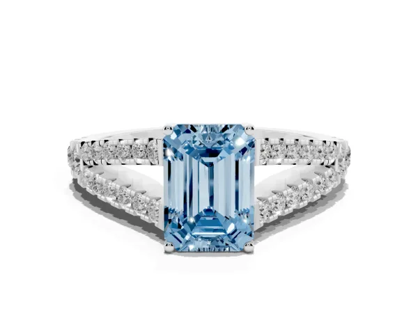 Fancy Blue Emerald Cut Diamond Split Shank Engagement Ring with Round Pavé and Prong Setting Platinum