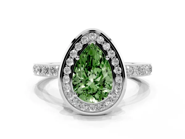 Fancy Green Pear Cut Diamond Halo Ring with Bezel Frame and Pavé Band Platinum