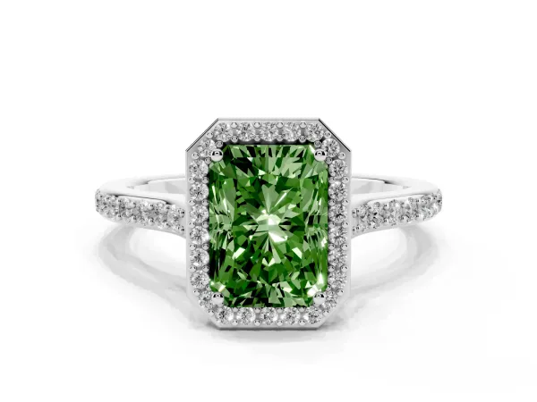 Fancy Green Radiant Cut Diamond Halo Engagement Ring with Round Pavé Shoulders and Prong Setting White gold