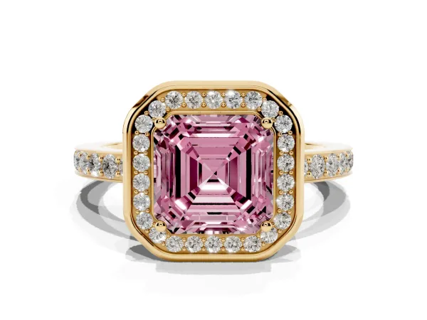 Fancy Pink Asscher Cut Diamond Halo Ring with Bezel Frame and Pavé Band Yellow gold