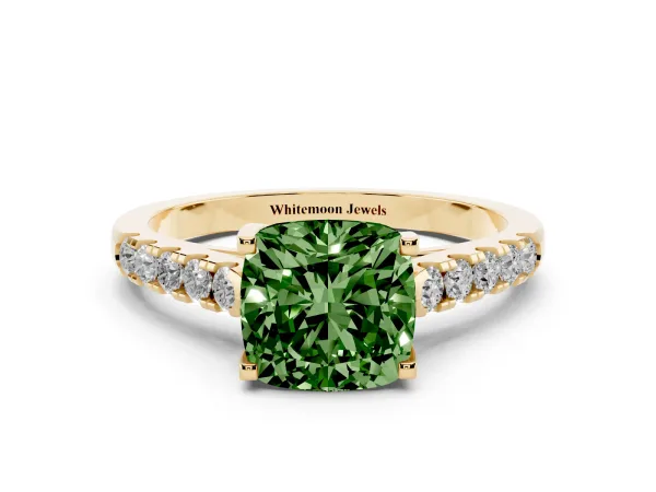 Fancy Green Cushion Cut Diamond Pavé Band Solitaire Ring with Prong Setting Yellow gold