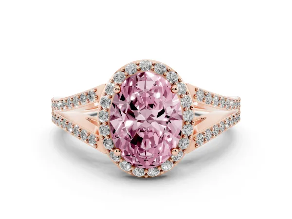 Fancy Pink Oval Cut Halo Split Shank Pave Diamond Ring with Four-Prong Setting Rose gold