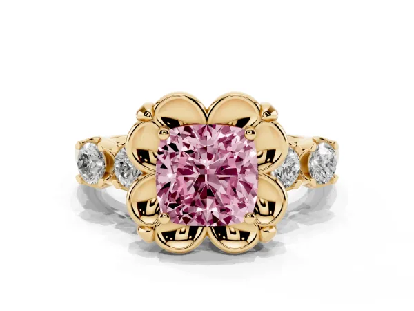 Fancy Pink Cushion Cut Cut Diamond Floral Halo Engagement Ring with Shared Prong Setting Yellow gold