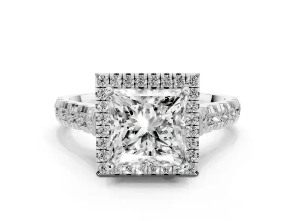Princess Cut Halo Pavé Diamond Engagement Ring with Four-Prong Setting White gold