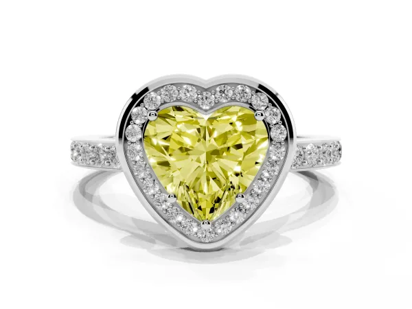 Fancy Yellow Heart Cut Diamond Halo Ring with Bezel Frame and Pavé Band White gold
