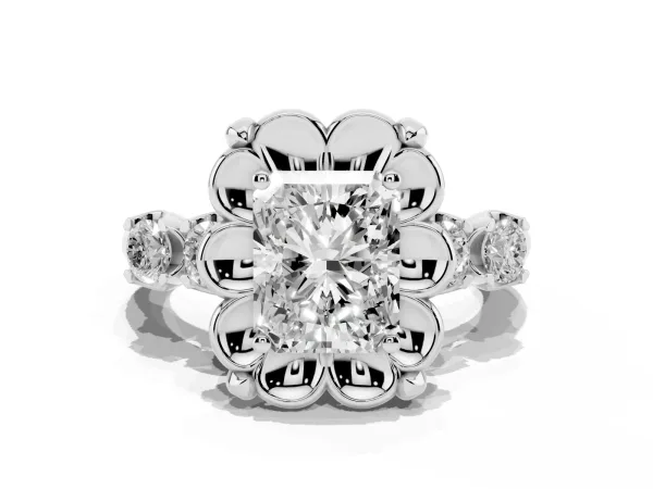 Radiant Cut Cut Diamond Floral Halo Engagement Ring with Shared Prong Setting Platinum