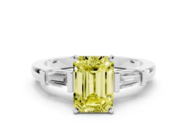 Fancy Yellow Emerald Cut Cut Diamond Solitaire Ring with Tapered Baguette Accents and Four-Prong Setting Platinum