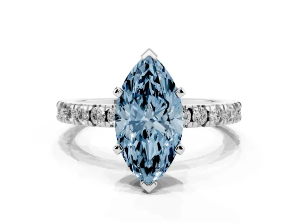 Fancy Blue Marquise Cut Diamond Pavé Band Solitaire with Four-Prong Setting White gold