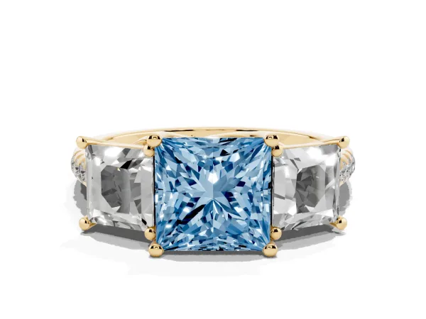 Fancy Blue Three-Stone Princess Cut Diamond Ring with Round Pavé Band and Prong Setting Yellow gold