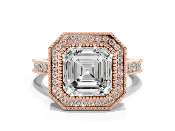 Halo Asscher Cut-Cut Diamond Pave Band Milgrain Prong Setting Ring Rose gold