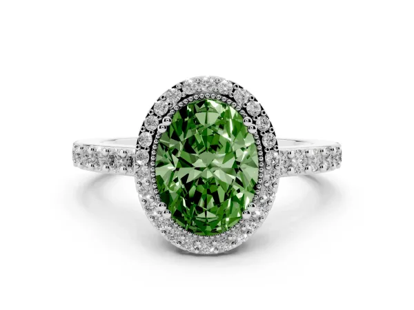 Fancy Green Oval Cut Cut Diamond Halo Engagement Ring with Milgrain Detail and Pavé Band Platinum