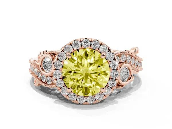 Fancy Yellow Round Cut Diamond Halo Ring with Milgrain Pavé Band and Four-Prong Setting Rose gold