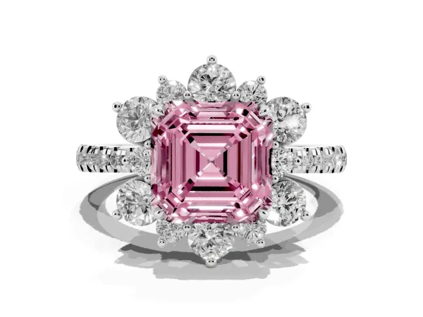 Fancy Pink Asscher Cut Diamond Floral Halo Ring with Round Pavé Band and Prong Setting White gold