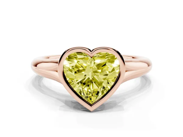 Fancy Yellow Bezel Set Heart Cut Solitaire Diamond Ring with Smooth Band Rose gold