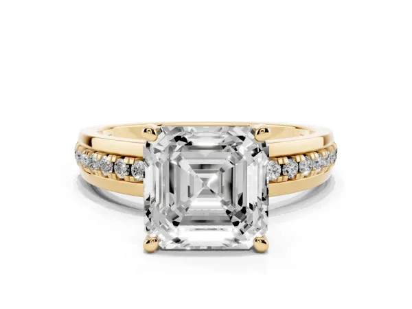 Asscher Cut Solitaire Diamond Ring with Channel Set Band and Six-Prong Setting Yellow gold