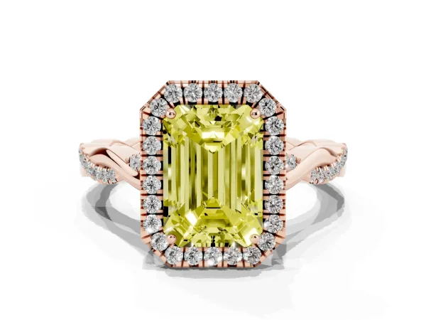 Fancy Yellow Emerald Cut Halo Twist Band Solitaire Ring Rose gold