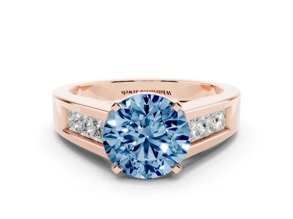 Fancy Blue Round Cut Cut Channel Set Solitaire Ring with Four-Prong Setting Rose gold