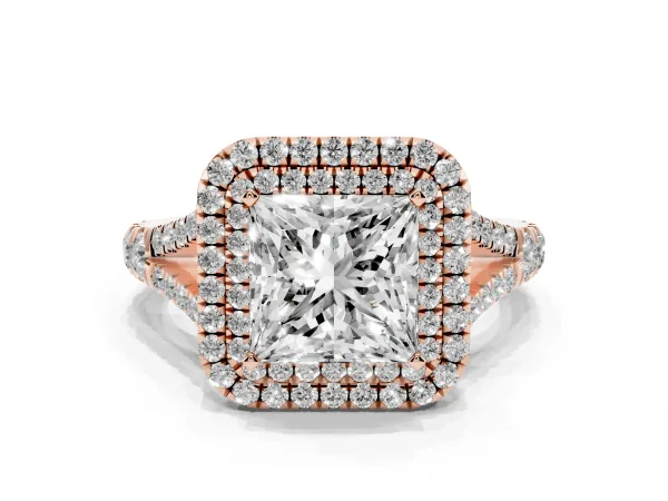 Princess Cut Cut Double Halo Split Shank Diamond Ring with Prong Setting Rose gold