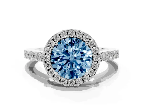 Fancy Blue Round Cut Halo Diamond Pavé Solitaire Ring Platinum