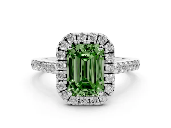 Fancy Green Emerald Cut Halo Pave Diamond Engagement Ring with Four-Prong Setting Platinum