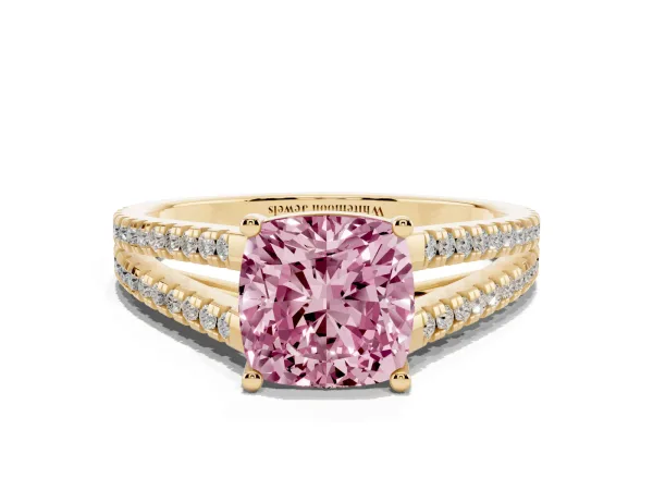 Fancy Pink Cushion Cut Diamond Solitaire Engagement Ring with Split Shank Pavé Band Yellow gold