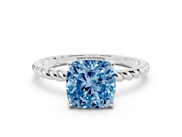 Fancy Blue Cushion Cut Solitaire Twist Band Ring with Four-Prong Setting Platinum