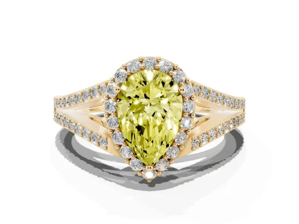 Fancy Yellow Pear Cut Halo Split Shank Pave Diamond Ring with Four-Prong Setting Yellow gold