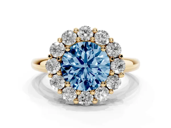 Fancy Blue Round Cut Halo Cluster Diamond Engagement Ring with Prong Setting and Polished Band Yellow gold