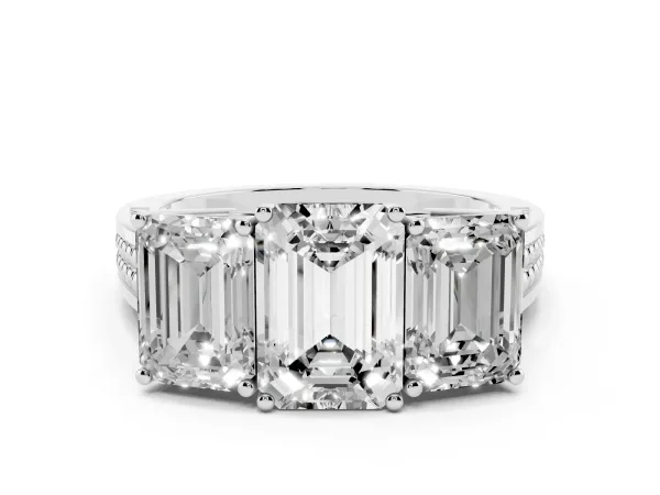 Emerald Cut Diamond Three-Stone Ring with Prong Setting and Textured Band Platinum