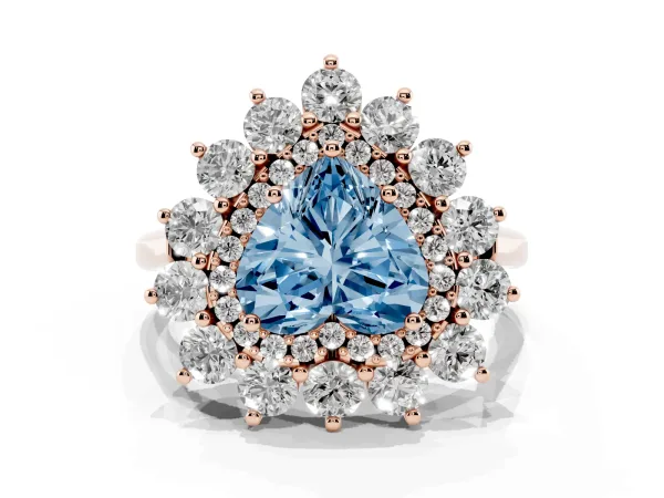 Fancy Blue Heart Cut Diamond Floral Double Halo Engagement Ring with Prong Setting Rose gold