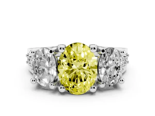 Fancy Yellow Oval Cut Diamond Three-Stone Ring with Channel Set Band and Four-Prong Setting White gold