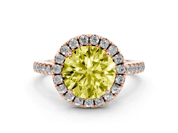 Fancy Yellow Round Cut Halo Pavé Diamond Engagement Ring with Four-Prong Setting Rose gold