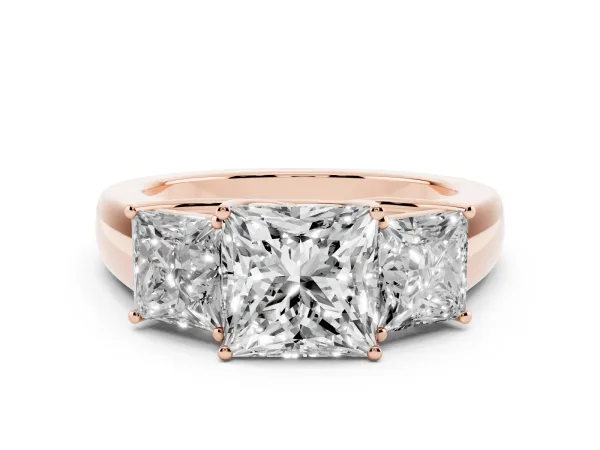 Three-Stone Princess Cut Cut Diamond Ring with Prong Setting and Classic Band Rose gold