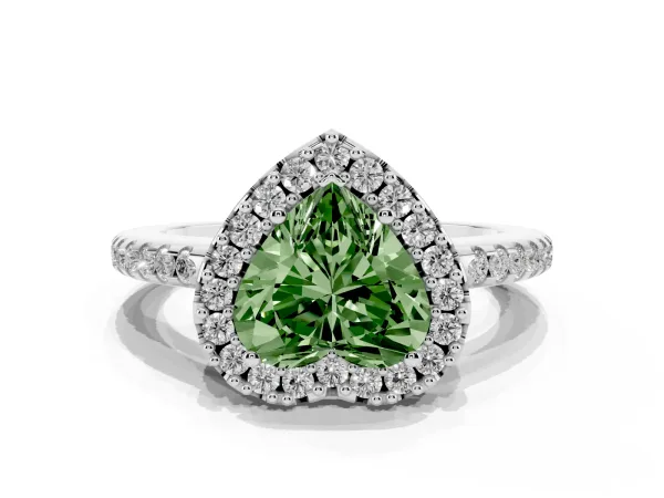 Fancy Green Heart Cut Diamond Pavé Halo Ring with Four-Prong Setting White gold