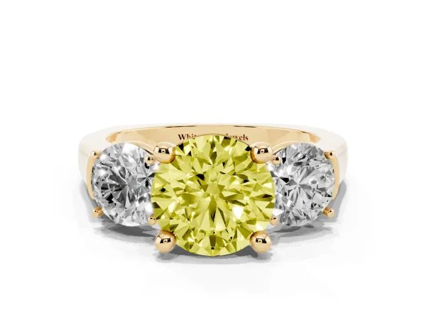 Fancy Yellow Three-Stone Round Cut Brilliant Diamond Trellis Ring with Comfort Fit Band Yellow gold