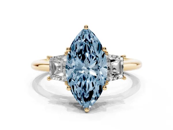 Fancy Blue Marquise Cut Diamond Three-Stone Ring with Trapezoid Side Stones and Prong Setting Yellow gold