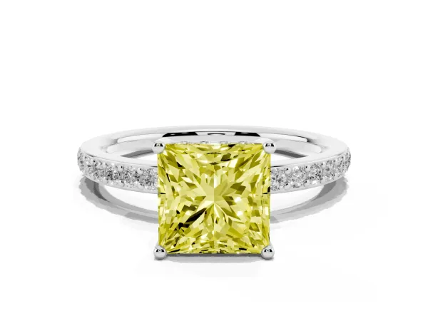Fancy Yellow Princess Cut Cut Diamond Pavé Band Ring with Four-Prong Setting White gold