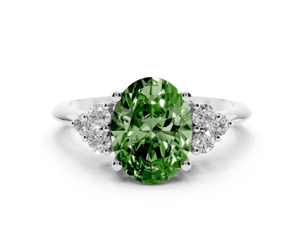 Fancy Green Oval Cut Cut Diamond Cluster Ring with Solitaire Band and Four-Prong Setting Platinum