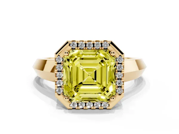 Fancy Yellow Asscher Cut Halo Diamond Ring with Cathedral Band and Four-Prong Setting Yellow gold