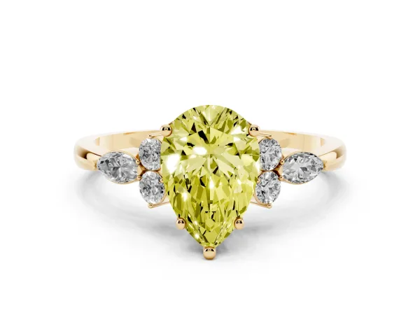 Fancy Yellow Pear Cut Brilliant Diamond Solitaire Ring with Pear Side Stones and Four-Prong Setting Yellow gold