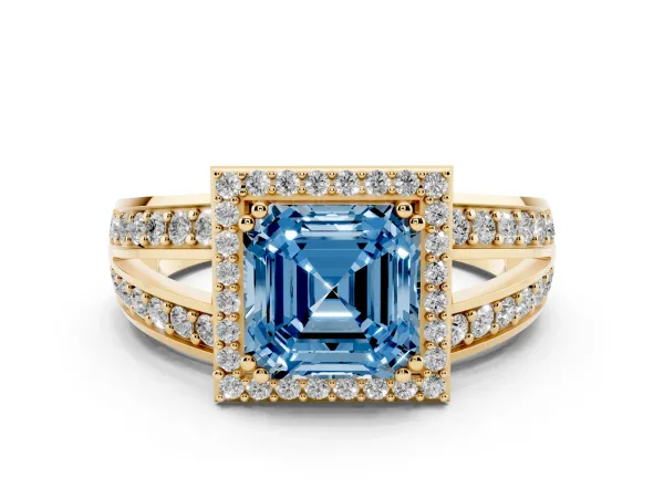 Fancy Blue Asscher Cut Diamond Halo Ring with Split Shank Pavé Band and Four-Prong Setting Yellow gold