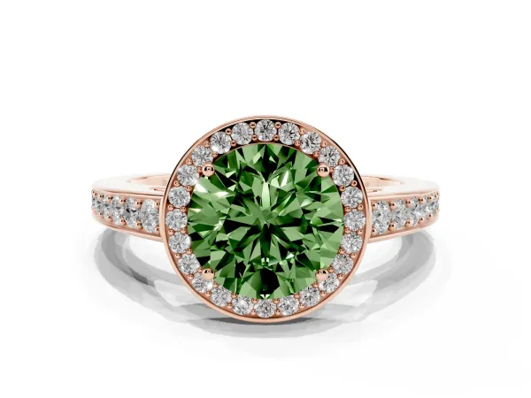Fancy Green Round Cut Halo Pavé Diamond Engagement Ring with Bezel Setting Rose gold